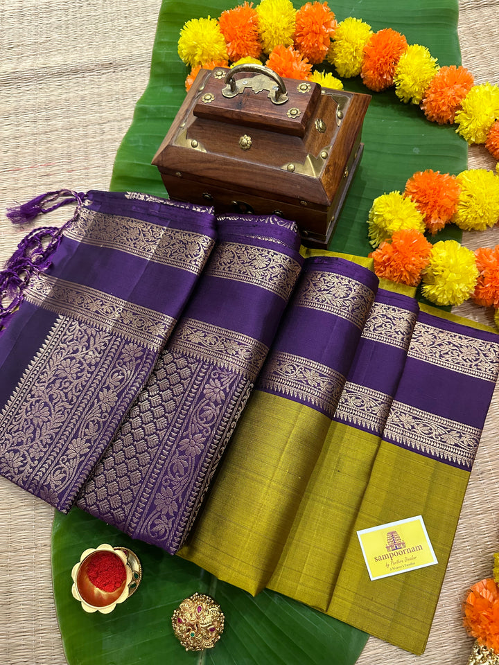 Fenugreen Gold with Purple Rettapet Border, Rich Zari Motif in the Body and Rich pallu  Pure Soft Silk Saree