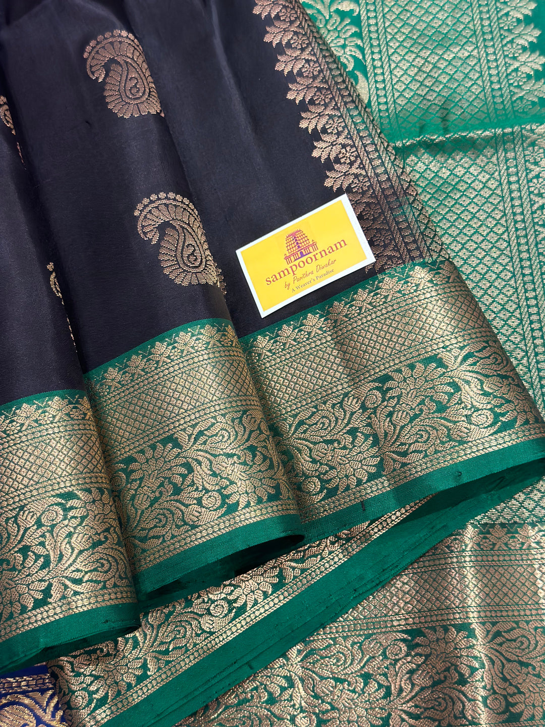 Black with Green, Rich Mango Butta in Body, Rich Border and Pallu Pure Soft Silk Saree