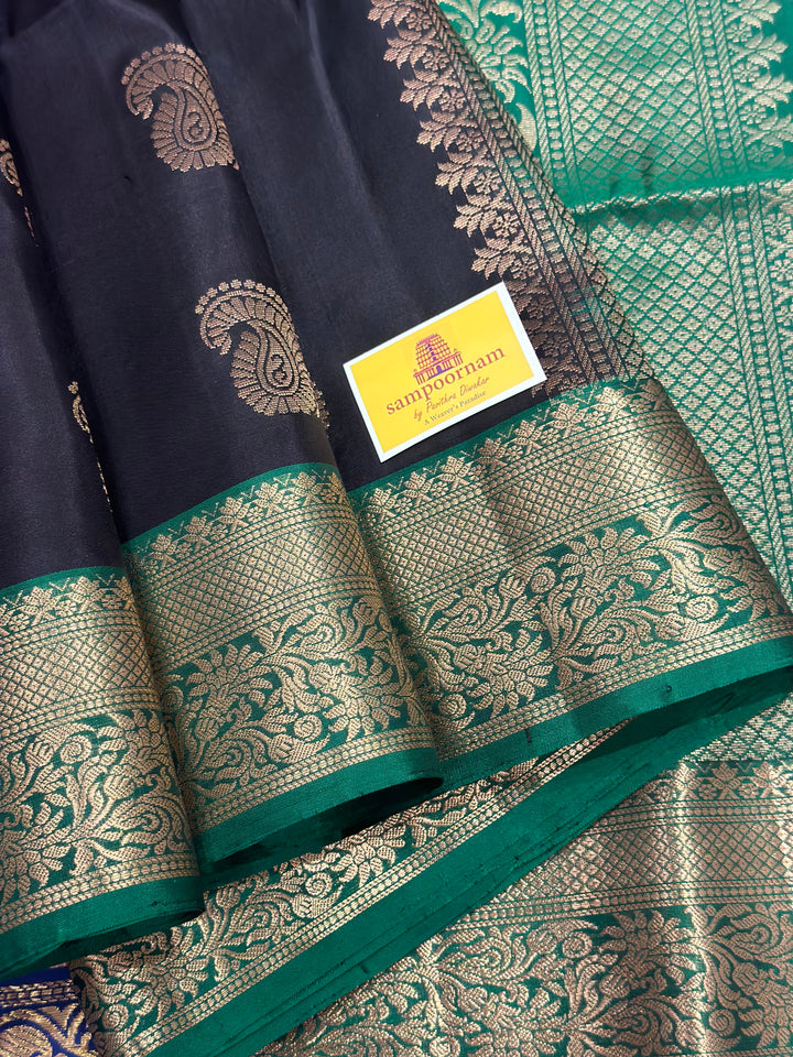 Black with Green, Rich Mango Butta in Body, Rich Border and Pallu Pure Soft Silk Saree