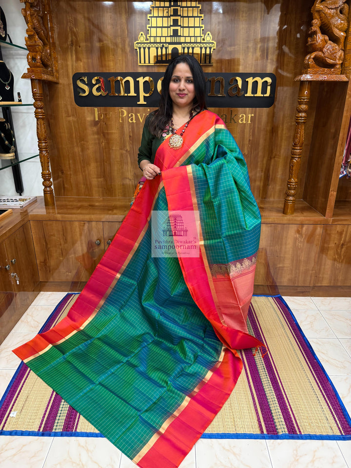 Ramar Blue with Orangish Pink , Zari checks in the body and rich Pallu Pure Soft Silk Saree