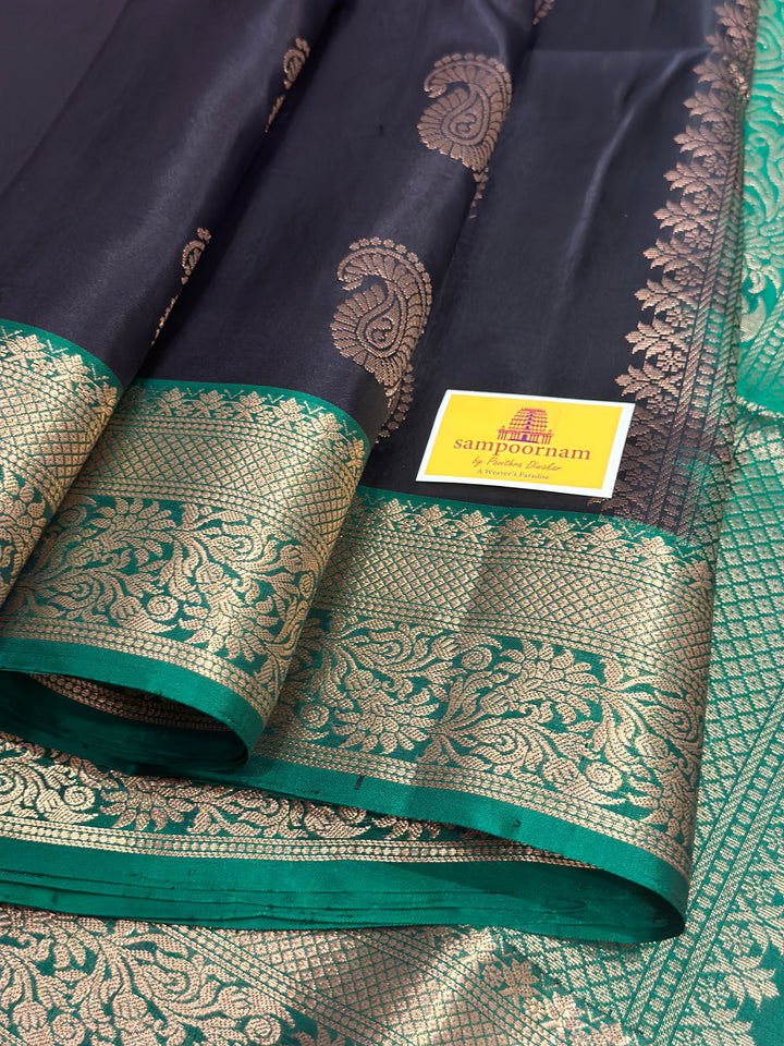 Black with Green, Rich Mango Butta in Body, Rich Border and Pallu Pure Soft Silk Saree