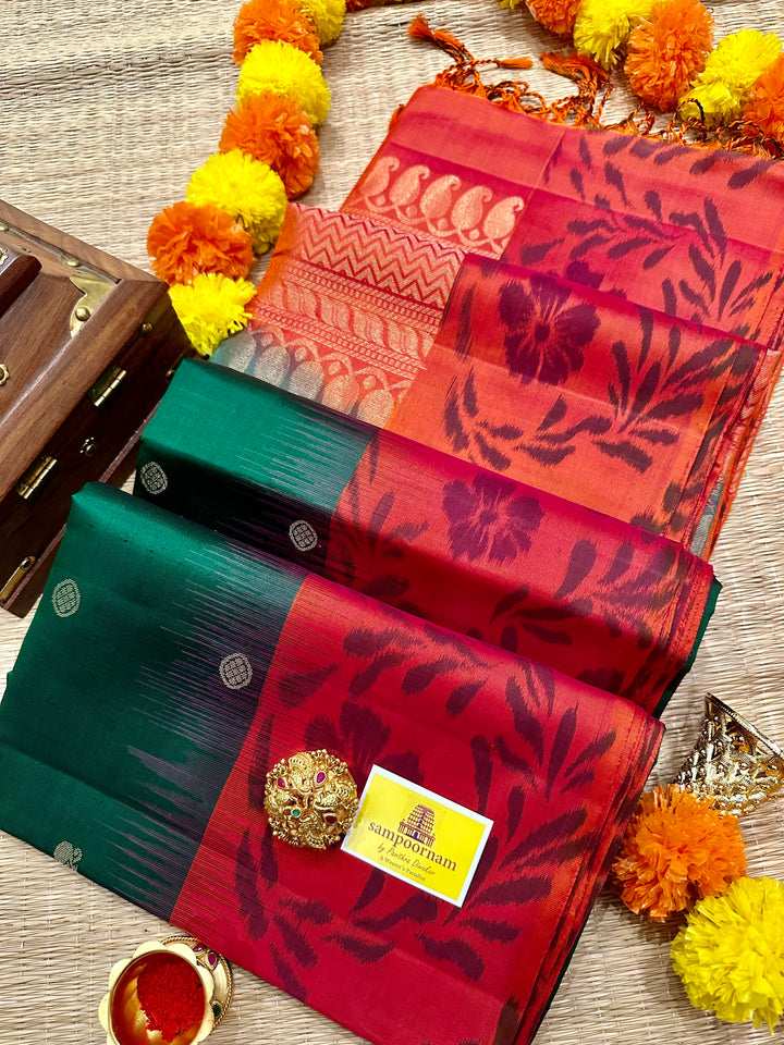 Bottle Green/ Reddish Orange with Zari Annam and rudraksh Butta in the body, Pochampally Border and Blouse Rich pallu  Pure Soft Silk Saree