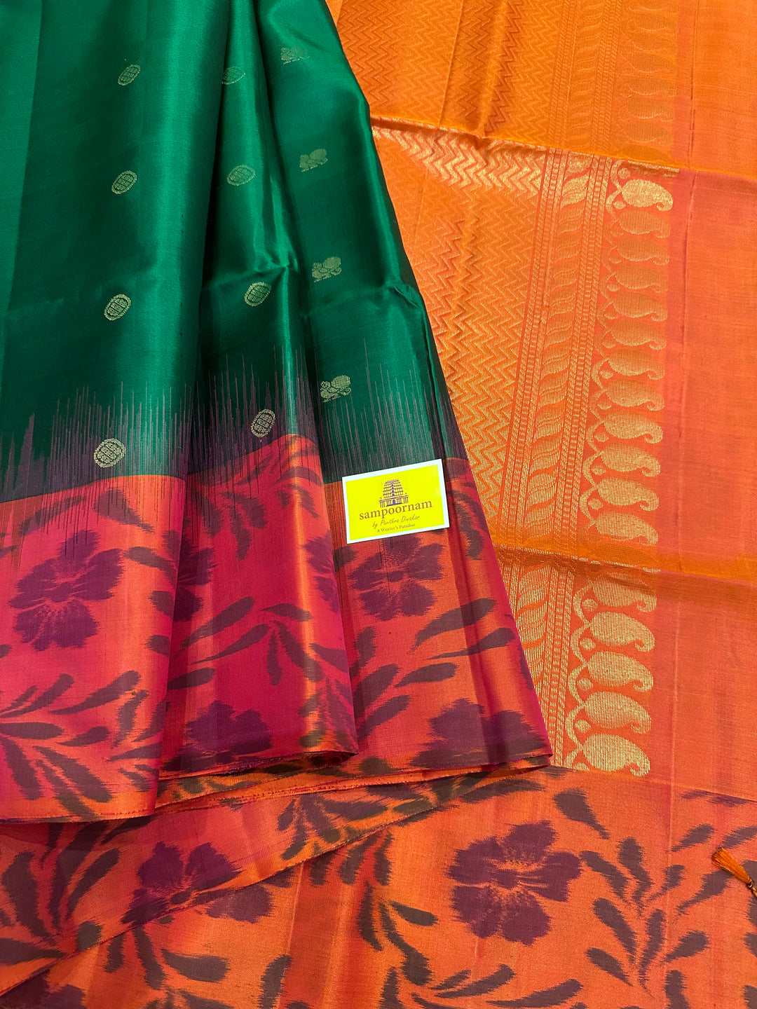 Bottle Green/ Reddish Orange with Zari Annam and rudraksh Butta in the body, Pochampally Border and Blouse Rich pallu  Pure Soft Silk Saree