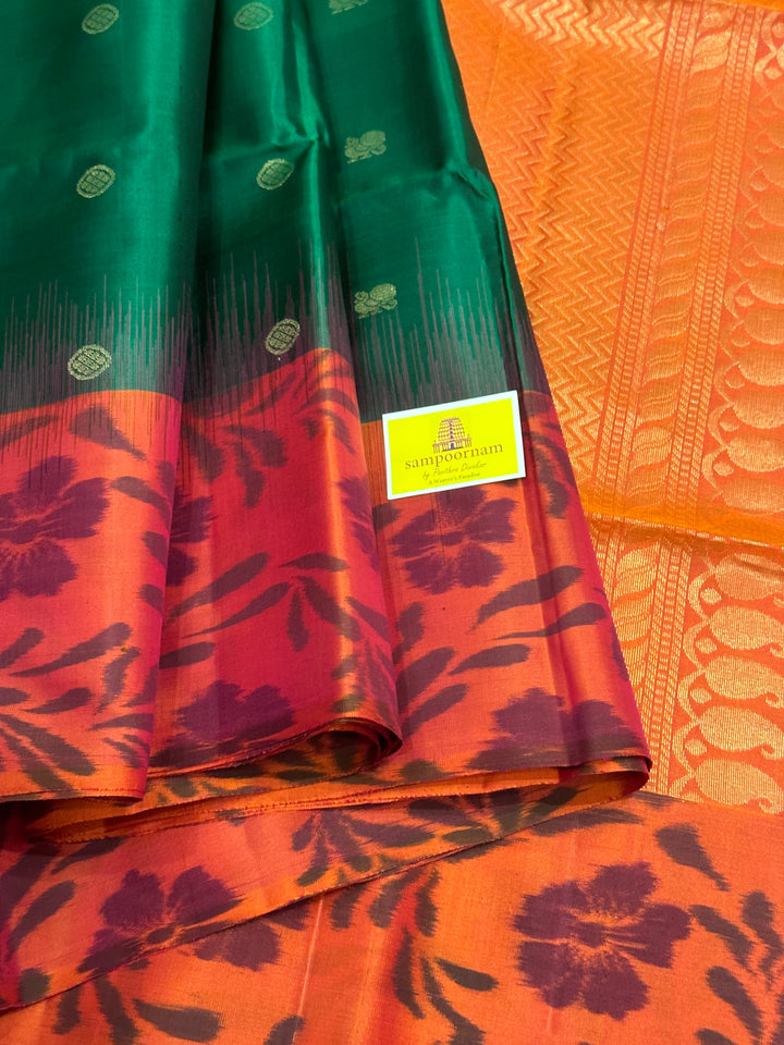 Bottle Green/ Reddish Orange with Zari Annam and rudraksh Butta in the body, Pochampally Border and Blouse Rich pallu  Pure Soft Silk Saree