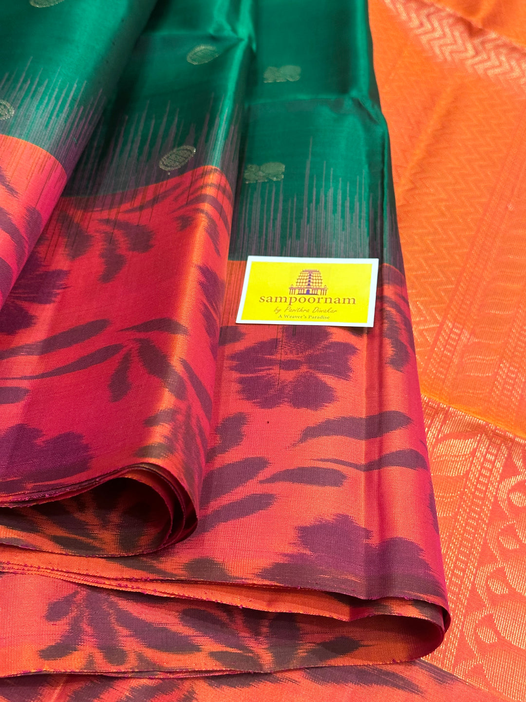 Bottle Green/ Reddish Orange with Zari Annam and rudraksh Butta in the body, Pochampally Border and Blouse Rich pallu  Pure Soft Silk Saree