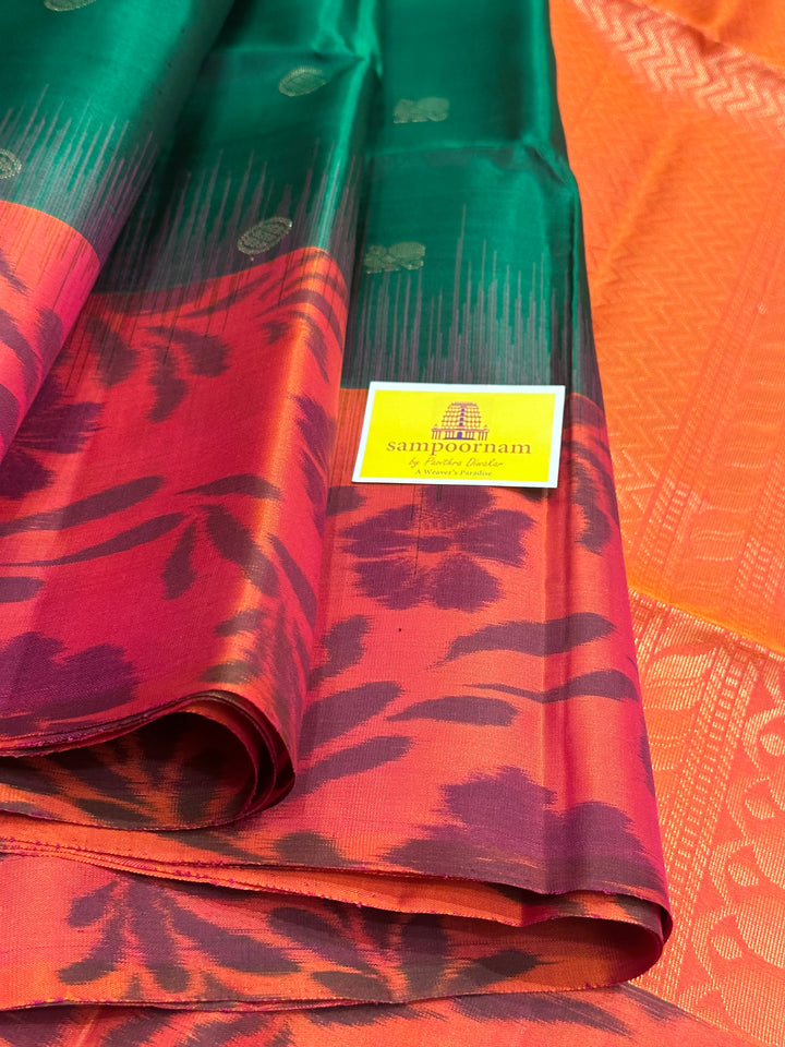 Bottle Green/ Reddish Orange with Zari Annam and rudraksh Butta in the body, Pochampally Border and Blouse Rich pallu  Pure Soft Silk Saree