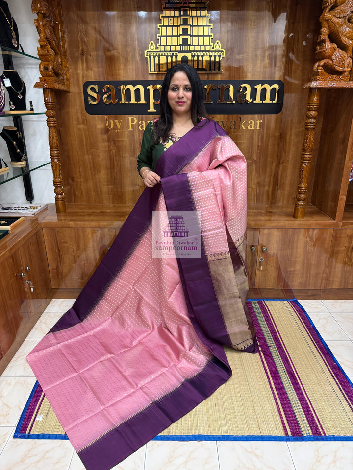 Onion Pink with Purple , Vertical Floral Silver and Gold Zari in the body , Vairaoosi lines in the boder and rich Pallu Pure Soft Silk Saree
