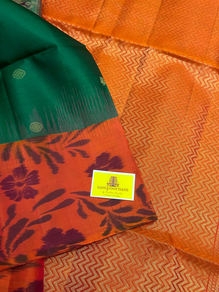 Bottle Green/ Reddish Orange with Zari Annam and rudraksh Butta in the body, Pochampally Border and Blouse Rich pallu  Pure Soft Silk Saree