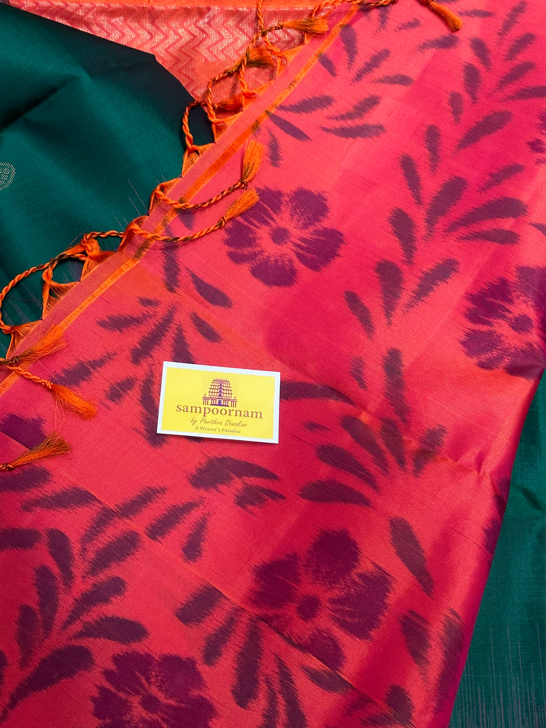 Bottle Green/ Reddish Orange with Zari Annam and rudraksh Butta in the body, Pochampally Border and Blouse Rich pallu  Pure Soft Silk Saree