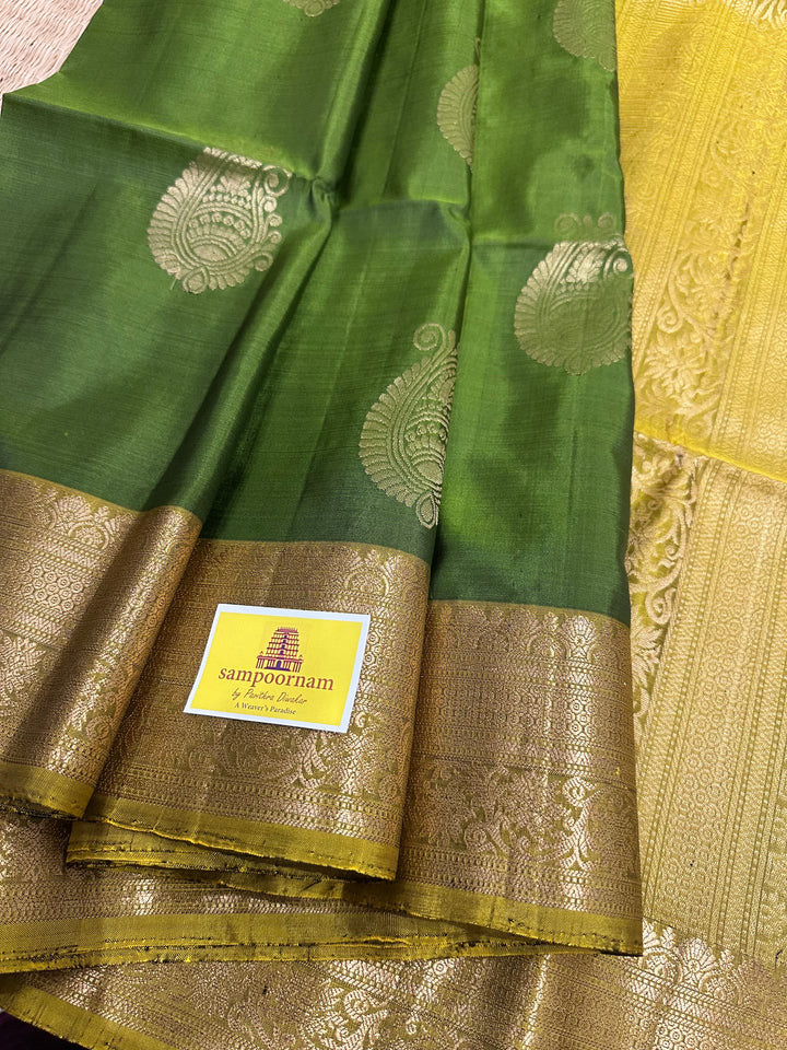 Green with Lemon Yellow Rich Zari Motif in the Body and Rich Pallu  Pure Soft Silk Saree