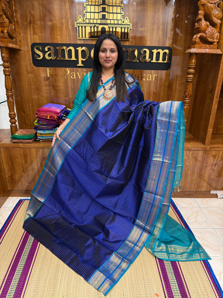 Blue with Turquoise Blue , Zari  butter in the body , Traditional border and rich Pallu Lakshadeepam Silk Cotton Saree