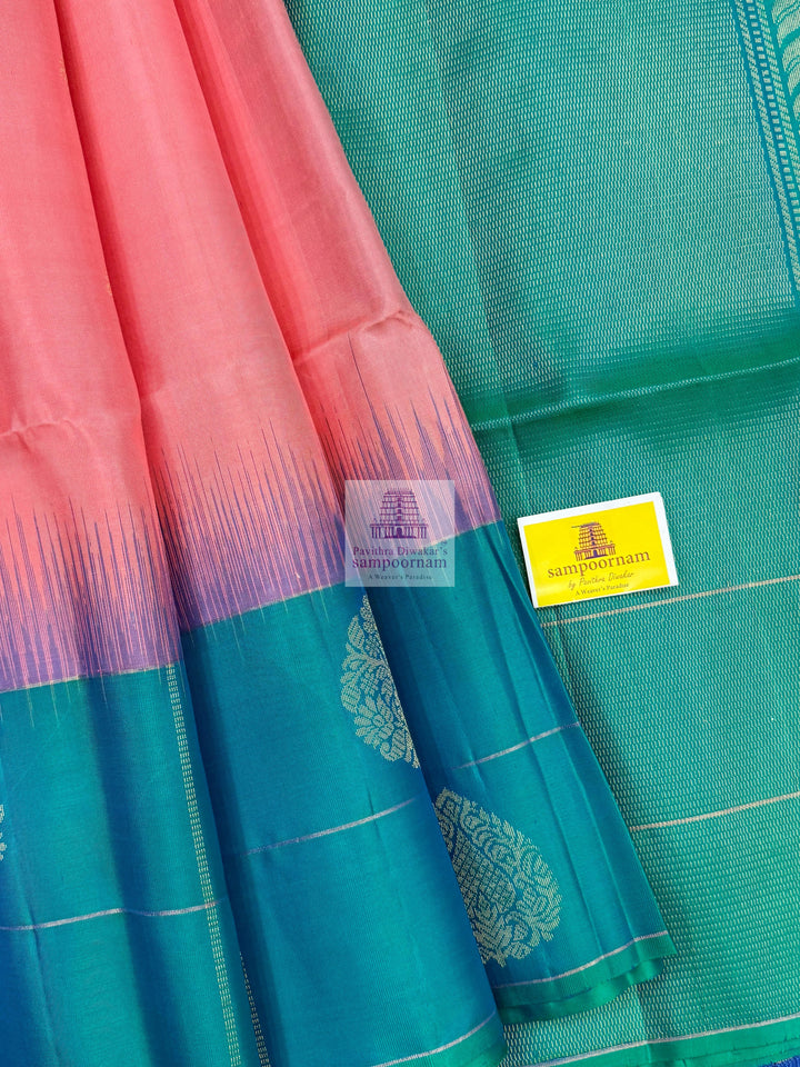 Baby Pink with Green , Vairaoosi lines in the border , rich Zari butta in the body and grand  Pallu Pure Soft Silk Saree