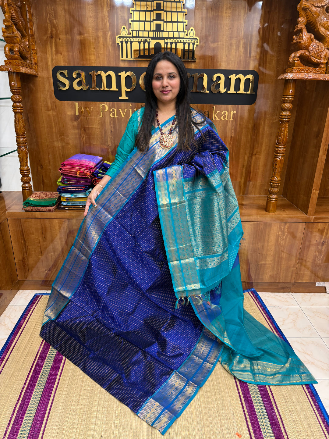 Blue with Turquoise Blue , Zari  butter in the body , Traditional border and rich Pallu Lakshadeepam Silk Cotton Saree