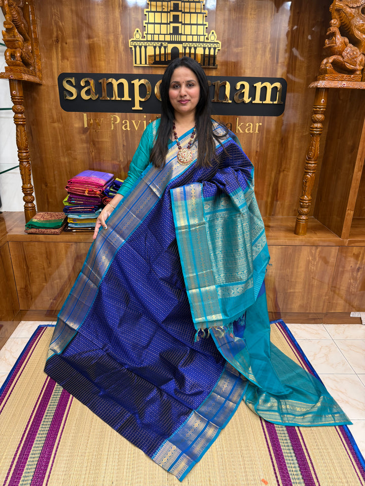 Blue with Turquoise Blue , Zari  butter in the body , Traditional border and rich Pallu Lakshadeepam Silk Cotton Saree