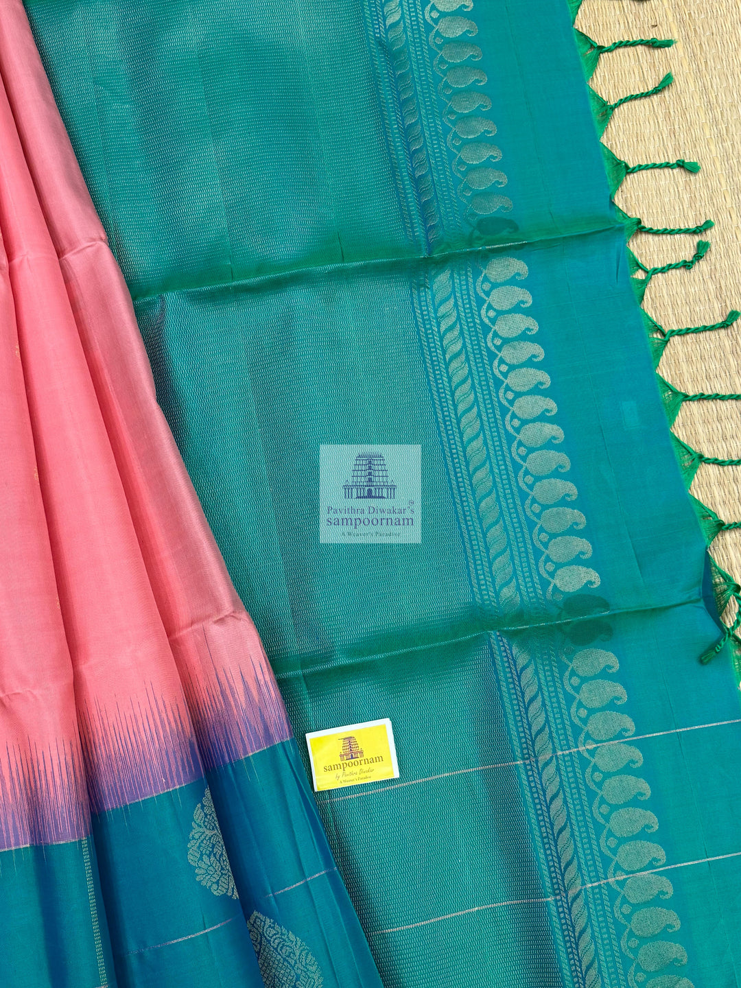 Baby Pink with Green , Vairaoosi lines in the border , rich Zari butta in the body and grand  Pallu Pure Soft Silk Saree