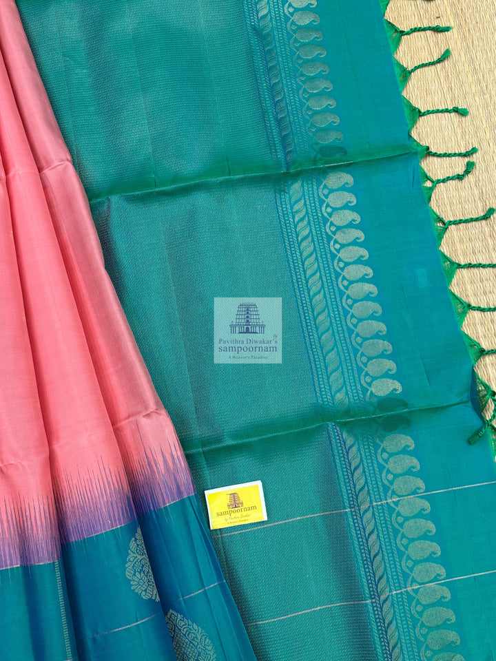 Baby Pink with Green , Vairaoosi lines in the border , rich Zari butta in the body and grand  Pallu Pure Soft Silk Saree
