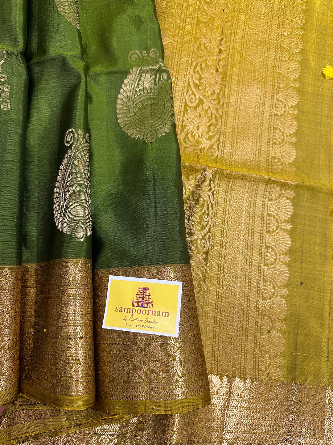 Green with Lemon Yellow Rich Zari Motif in the Body and Rich Pallu  Pure Soft Silk Saree