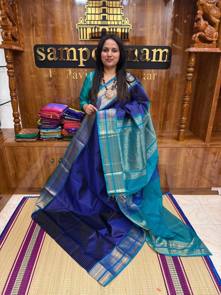 Blue with Turquoise Blue , Zari  butter in the body , Traditional border and rich Pallu Lakshadeepam Silk Cotton Saree