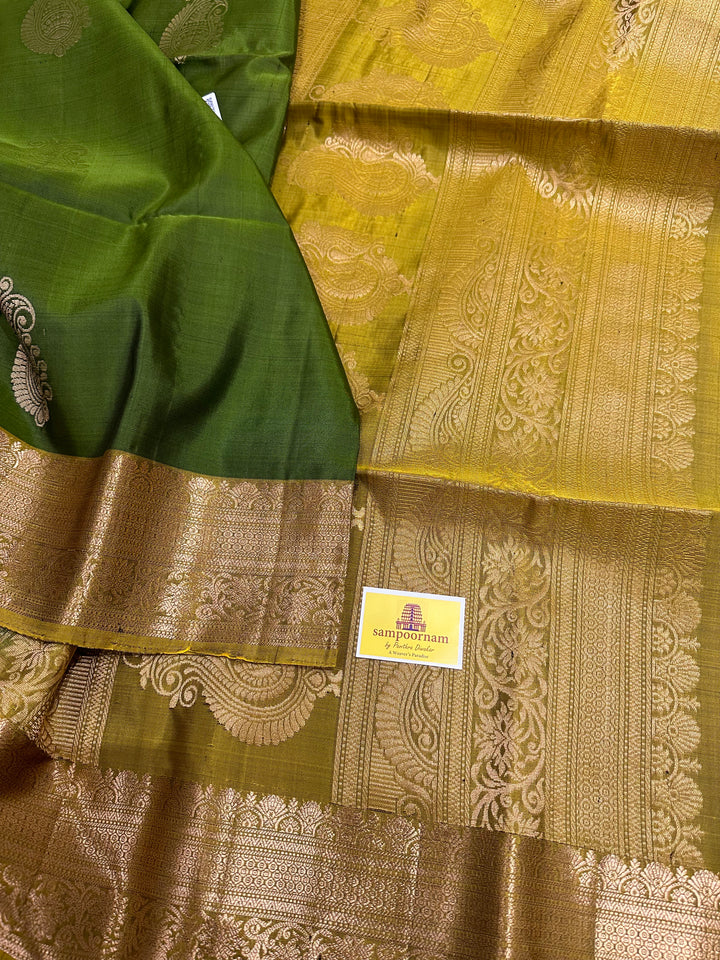 Green with Lemon Yellow Rich Zari Motif in the Body and Rich Pallu  Pure Soft Silk Saree