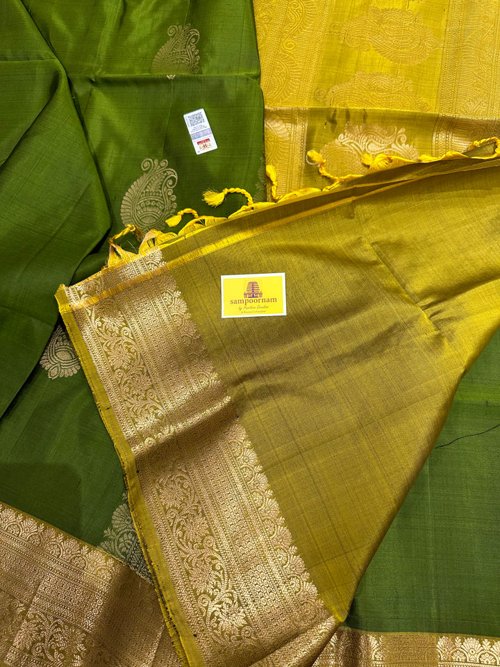 Green with Lemon Yellow Rich Zari Motif in the Body and Rich Pallu  Pure Soft Silk Saree