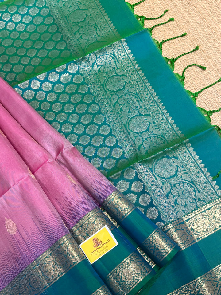 Onion Pink with Bluish Green , rettapet zari kanjivaram border and rich Pallu , pure soft silk saree