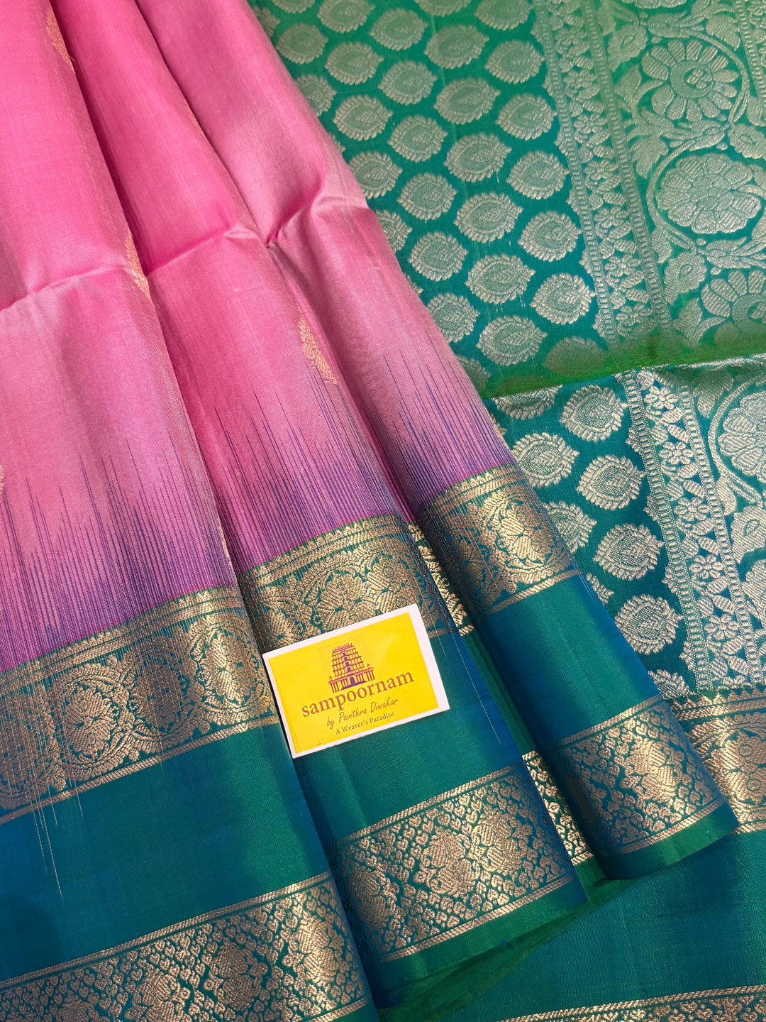 Onion Pink with Bluish Green , rettapet zari kanjivaram border and rich Pallu , pure soft silk saree