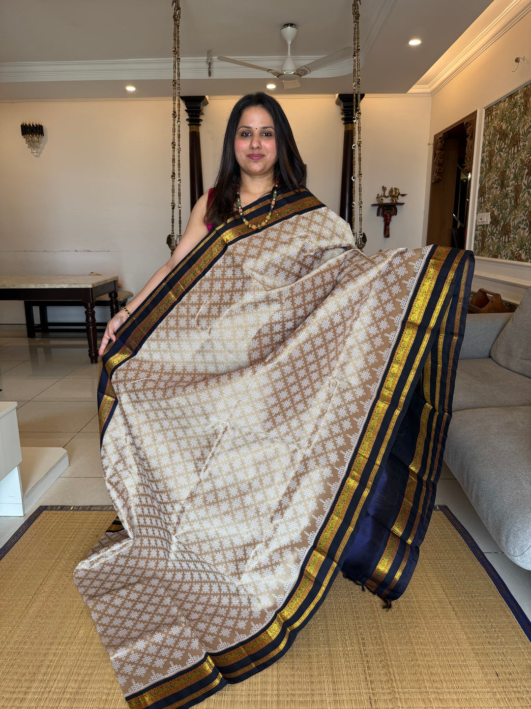 Light Gold with Blue Kolam Handblock All Over with Body Korvai Silk Cotton Saree