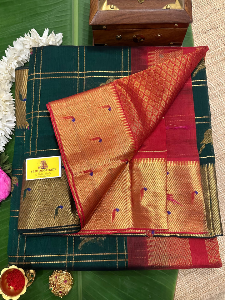 Dark Green with Red, Paithani Borders, Zari Checks in the Body with Parrot Zari Motifs, Rich Pallu Silk Cotton Saree