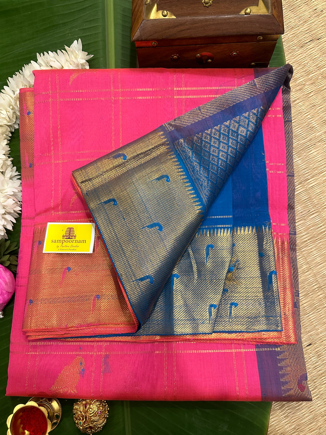 Pink with Blue , Body Checks with Parrot Zari Motifs and Rich Pallu , Traditional Paithani Borders , Silk Cotton Saree