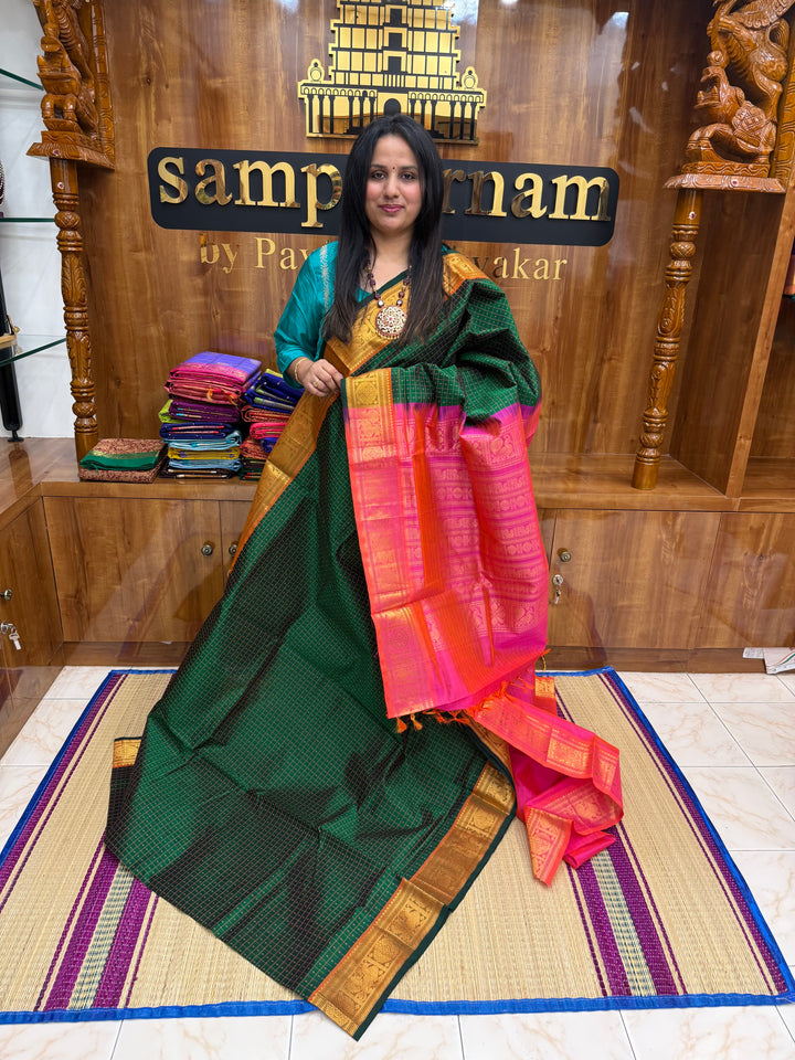 Dark Green with Pink , thread butta in the body , Traditional border and rich Pallu Lakshadeepam Silk Cotton Saree