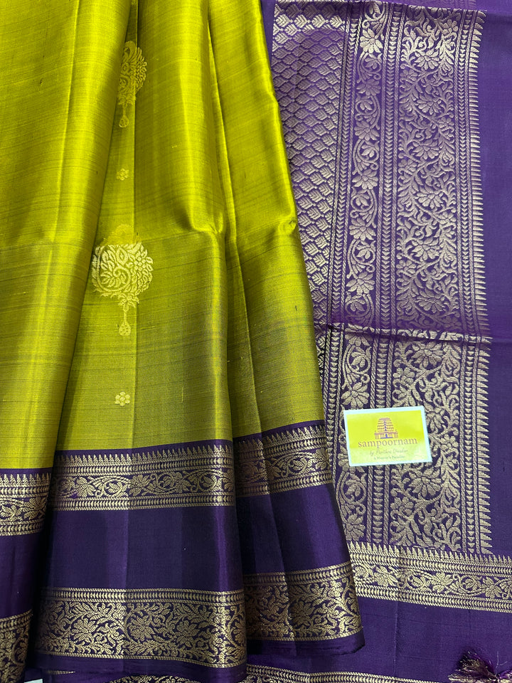 Fenugreen Gold with Purple Rettapet Border, Rich Zari Motif in the Body and Rich pallu  Pure Soft Silk Saree