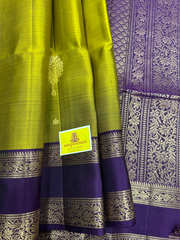 Fenugreen Gold with Purple Rettapet Border, Rich Zari Motif in the Body and Rich pallu  Pure Soft Silk Saree