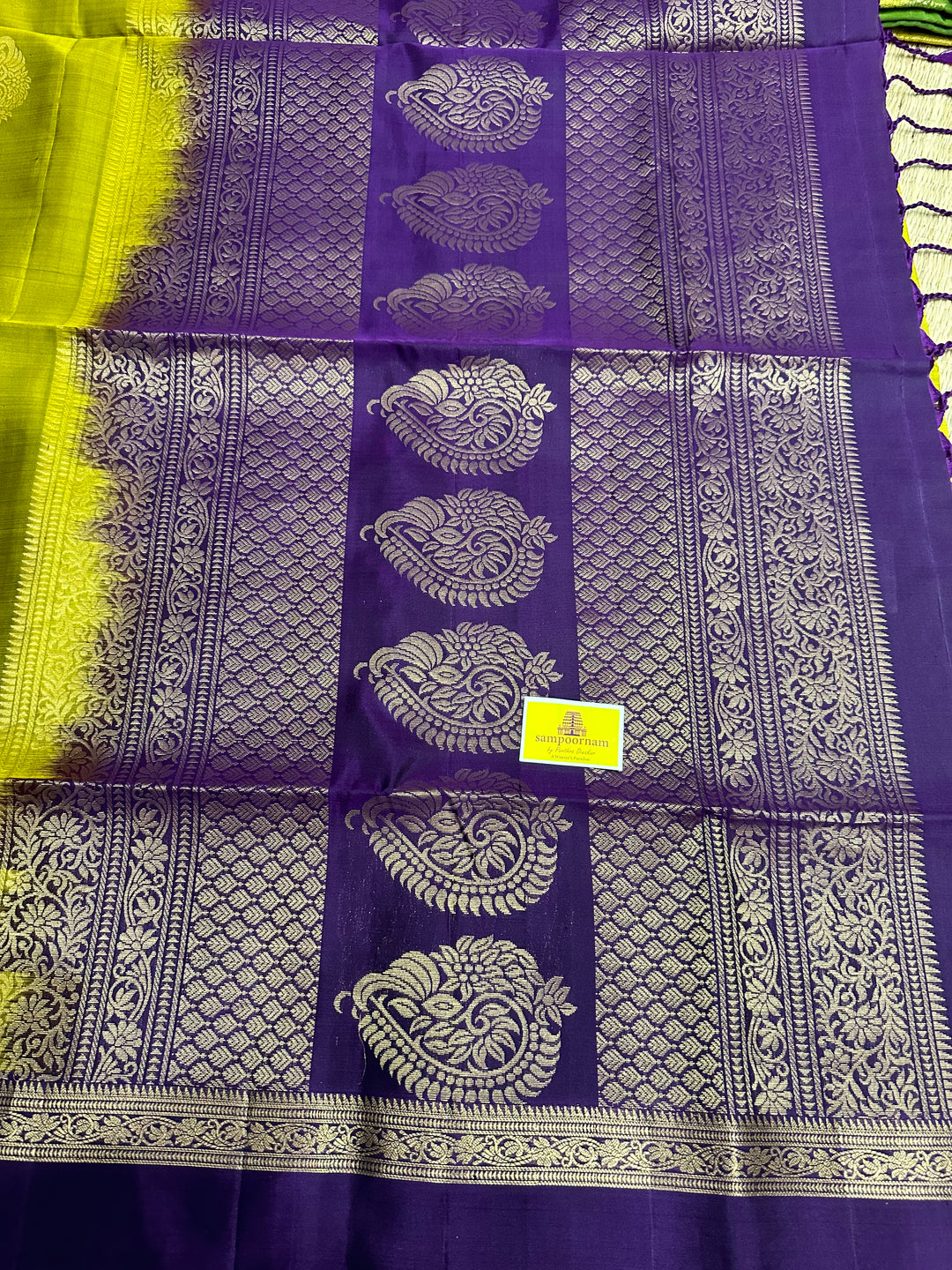 Fenugreen Gold with Purple Rettapet Border, Rich Zari Motif in the Body and Rich pallu  Pure Soft Silk Saree