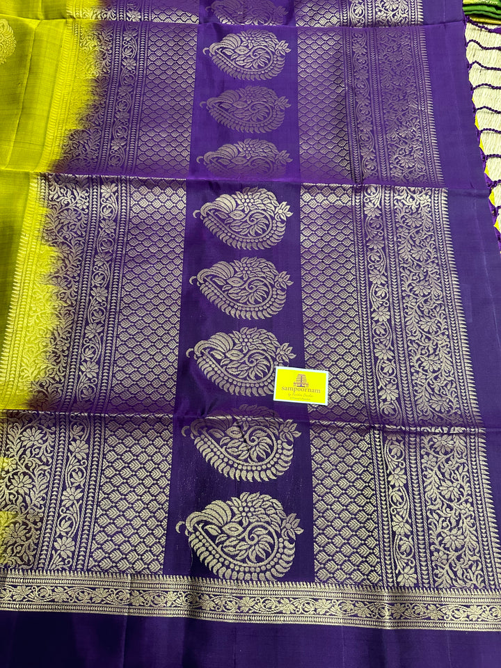 Fenugreen Gold with Purple Rettapet Border, Rich Zari Motif in the Body and Rich pallu  Pure Soft Silk Saree