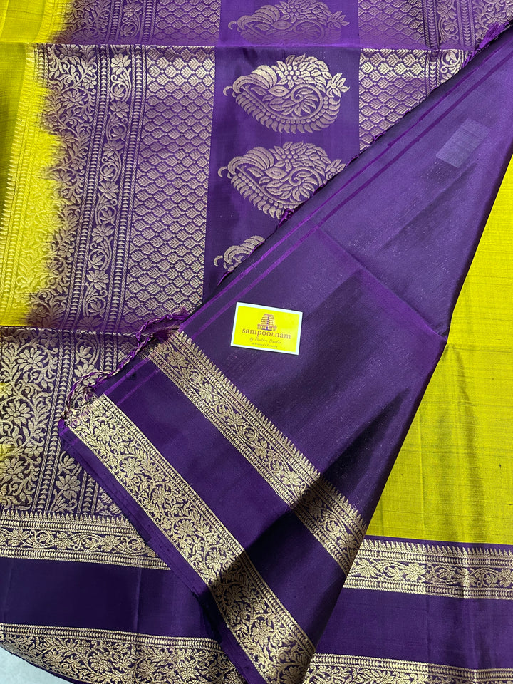 Fenugreen Gold with Purple Rettapet Border, Rich Zari Motif in the Body and Rich pallu  Pure Soft Silk Saree