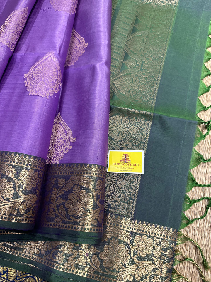 Lavender with Green ,Rich Zari Border And Rich Pallu with Zari Motif in the Body  Pure Soft Silk Saree