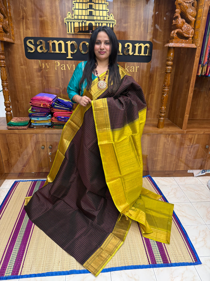 Brown with Lemon Yellow , thread butta in the body , Traditional border and rich Pallu Lakshadeepam Silk Cotton Saree