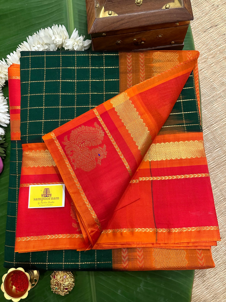 Green with Orange, Body Zari Kattam , with Annam Motifs in the Border and Rich Pallu Korvai Silk Cotton Saree