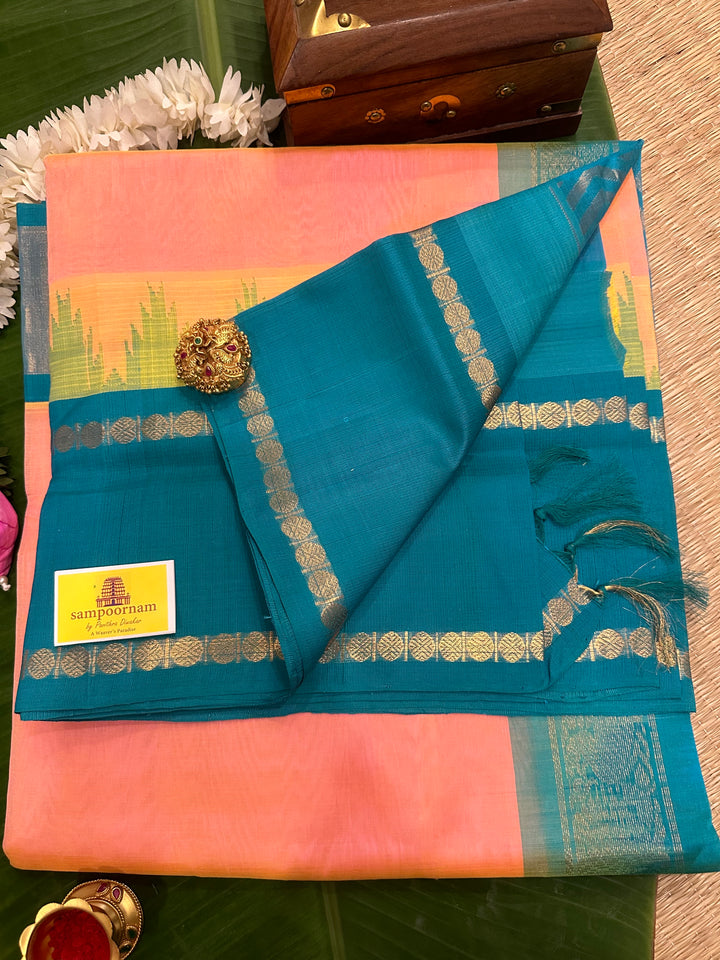 Peachish Pink with Turquoise Blue, One Side Rettapet Temple Border , Rich Pallu Korvai Silk Cotton Saree
