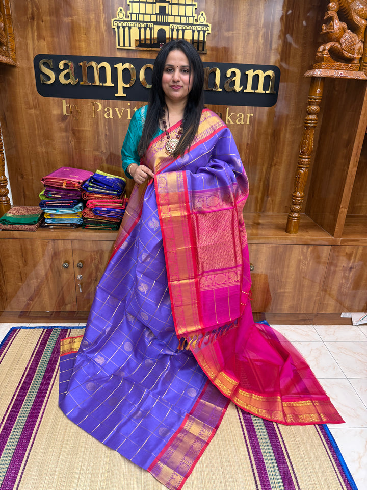 Lilac with Pink , Mayil and Chakram Butta in the Body, Traditional Borders and Rich Pallu Mayil Chakram Silk Cotton Saree