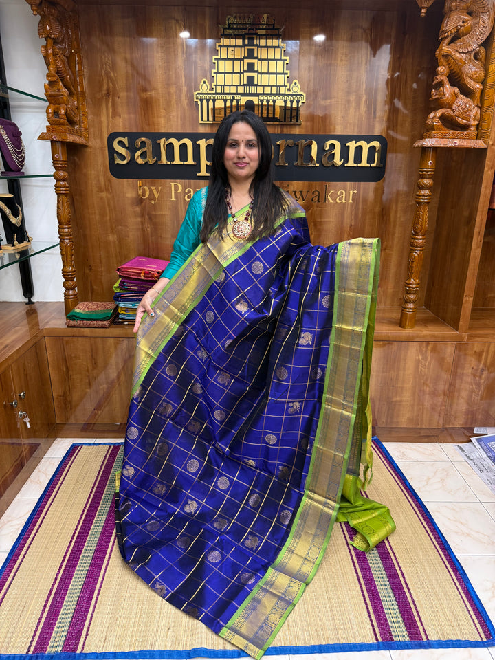Indigo Blue with Lemon Green , Mayil and Chakram Butta in the Body, Traditional Borders and Rich Pallu Mayil Chakram Silk Cotton Saree