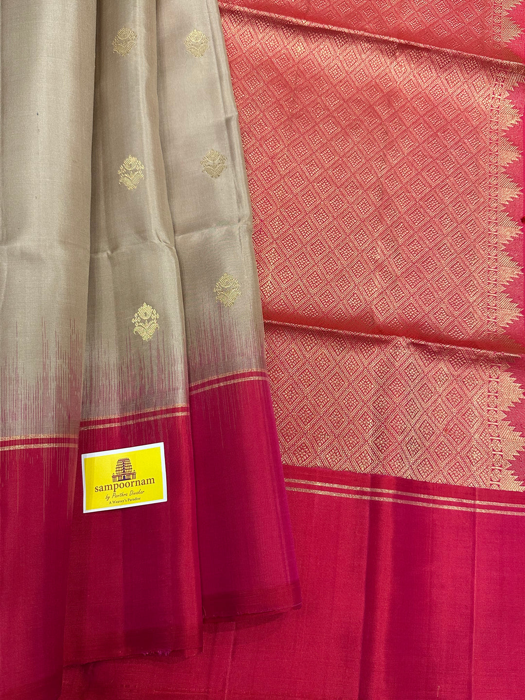 Ven Pattu with Pinkish Red , Zari Butta in the Body, Plain Border Rich Pallu  Pure Soft Silk Saree