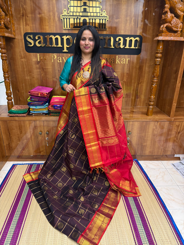 Dark Brown with Red, Mayil and Chakram Butta in the Body, Traditional Borders and Rich Pallu Mayil Chakram Silk Cotton Saree