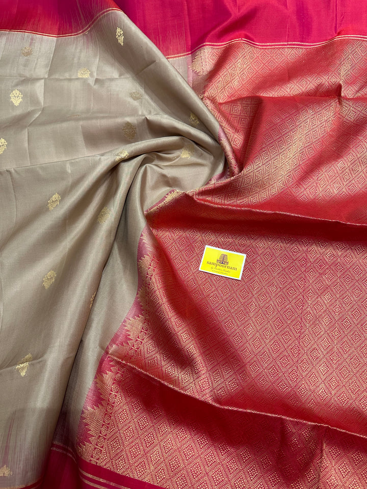 Ven Pattu with Pinkish Red , Zari Butta in the Body, Plain Border Rich Pallu  Pure Soft Silk Saree