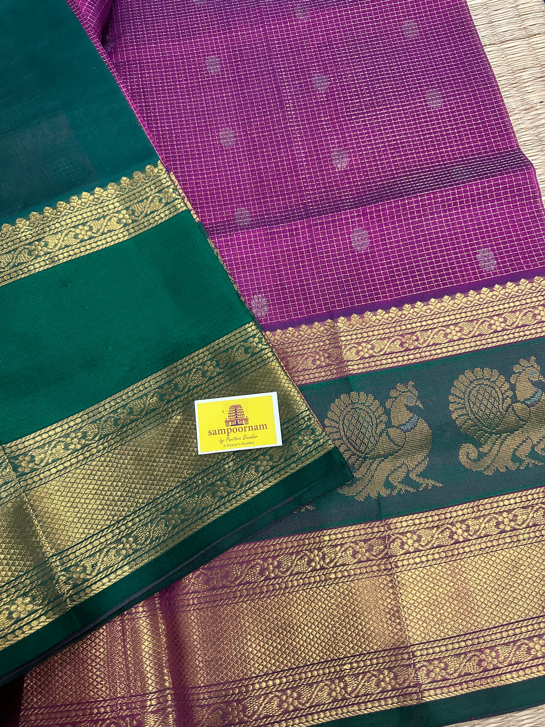 Purple with Dark Green One Side Big Satin Border with Annam Motifs ,Podi Zari Kattam with Silver Buttas in the Body ,  Rich Pallu Korvai Silk Cotton Saree