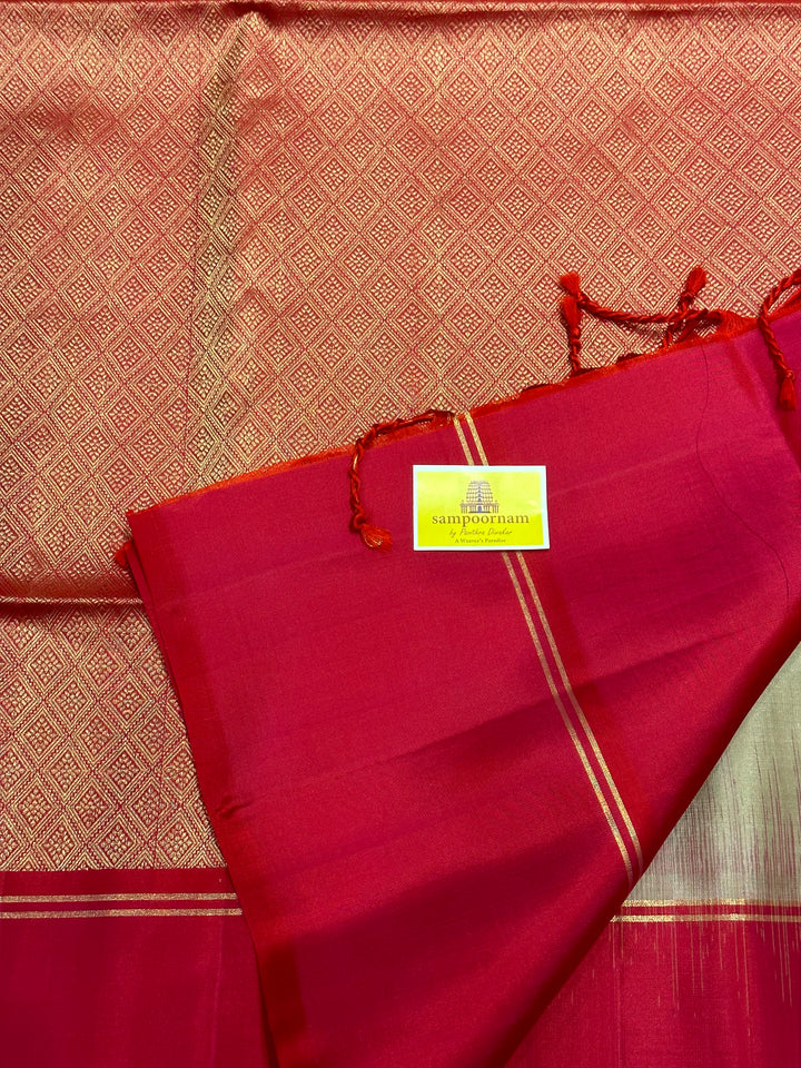 Ven Pattu with Pinkish Red , Zari Butta in the Body, Plain Border Rich Pallu  Pure Soft Silk Saree