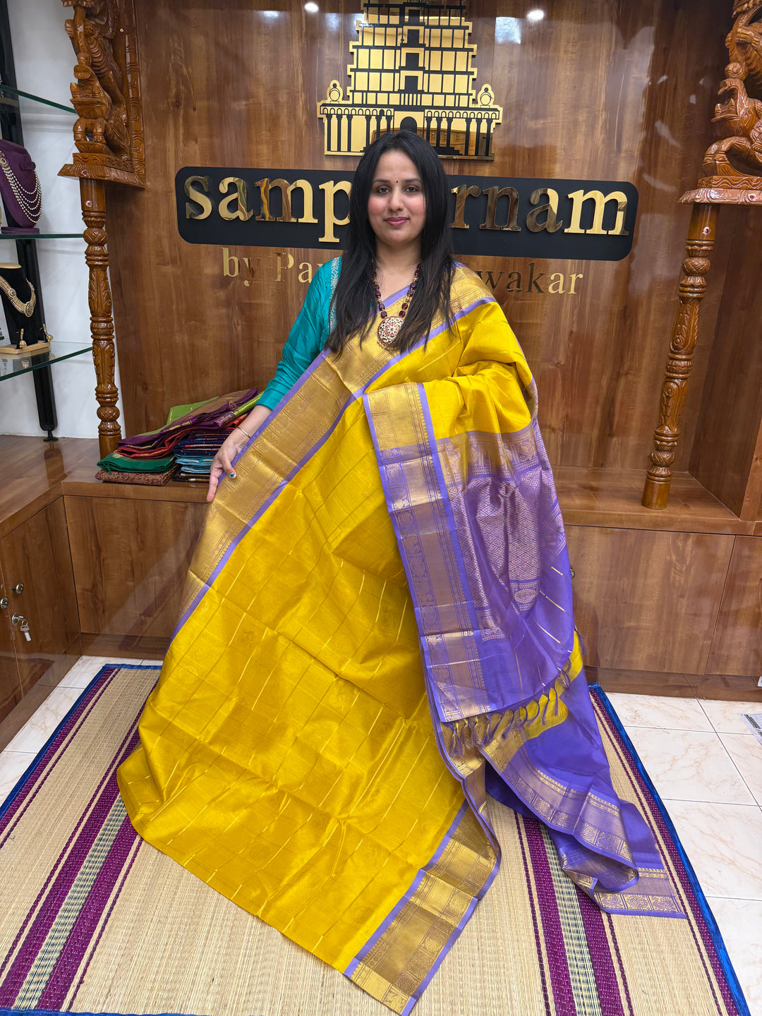 Yellow with Lilac , Mayil and Chakram Butta in the Body, Traditional Borders and Rich Pallu Mayil Chakram Silk Cotton Saree
