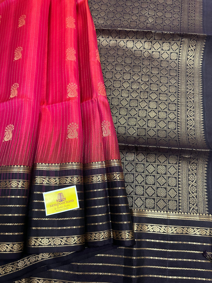 Pinkish Red  with Dark Coffee Brown, Rettapet Border- Zari Motif and Zari Lines on the body , Rich Pallu  Pure Soft Silk Saree