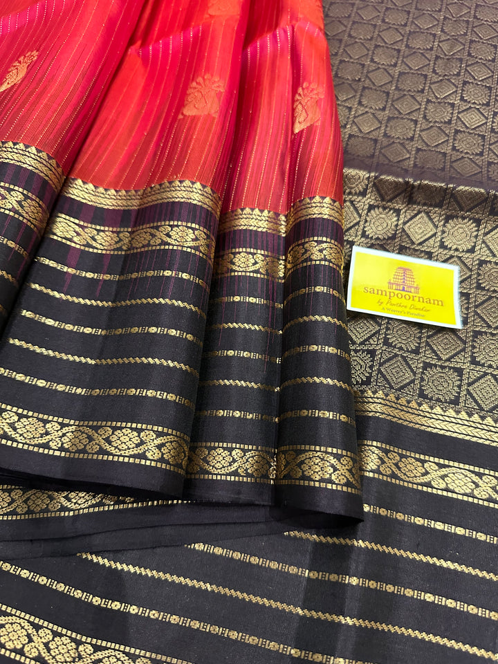 Pinkish Red  with Dark Coffee Brown, Rettapet Border- Zari Motif and Zari Lines on the body , Rich Pallu  Pure Soft Silk Saree