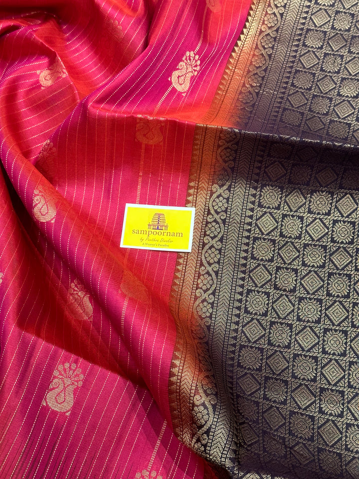 Pinkish Red  with Dark Coffee Brown, Rettapet Border- Zari Motif and Zari Lines on the body , Rich Pallu  Pure Soft Silk Saree